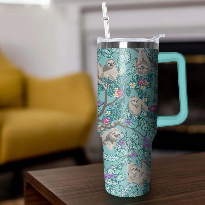 Kearscupra 40 oz Sloth Tumbler with Handle and Straw, Insulated Stainless Steel Cup with Lid, Travel Coffee Mug Water Bottle, Animal Lovers Women Gifts
