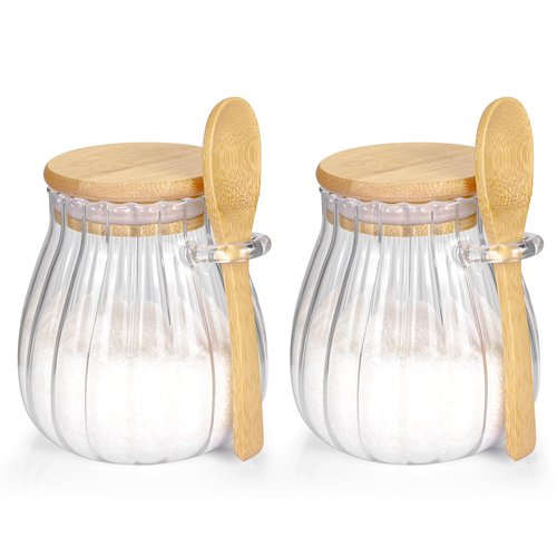 holoith 2Pcs Sugar Container with Bamboo Lid and Spoon,15oz Sugar Bowl Glass Jar for Coffee Bar Accessories Coffee Canister Kitchen Decor Housewarming Gift Christmas Refillable Design