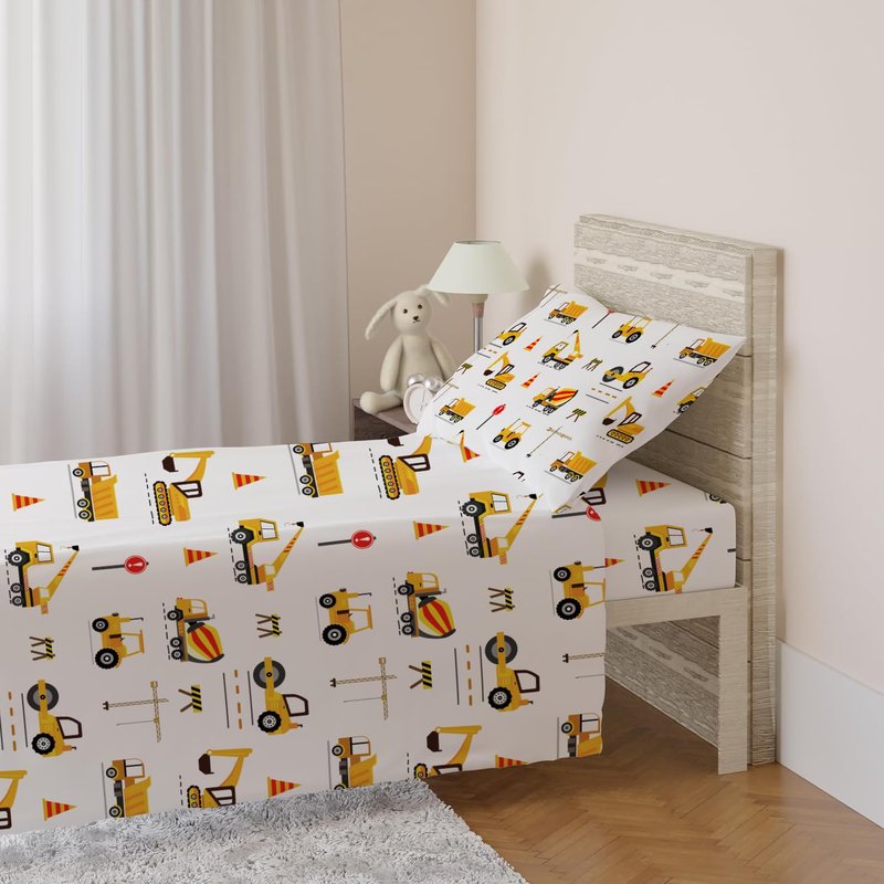 ROLJZTY Bed Sheets for Kids Boys, Soft Microfiber Twin Sheets Set 3 Piece Deep Pocket Bed Sheet Set, Breathable Sheet Sets Twin Size Bed Excavator Vehicles Printed