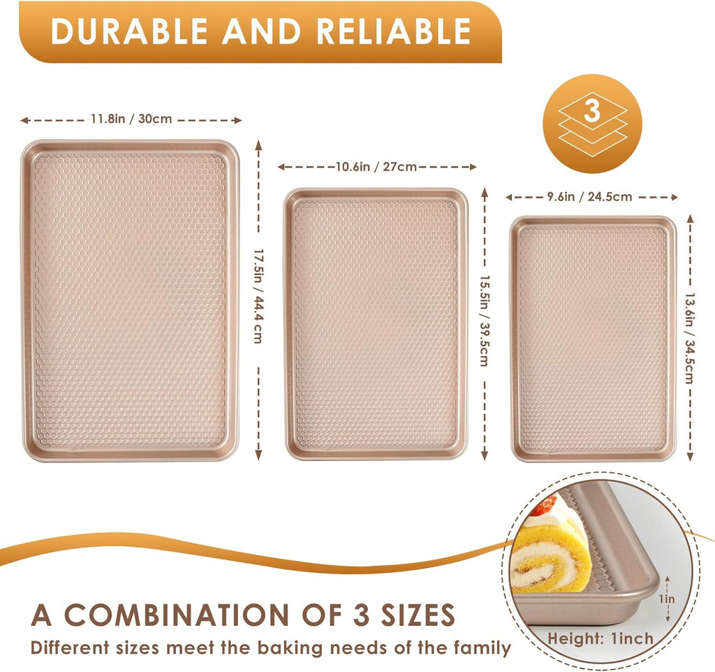 Skiennix Baking Sheet Pan Set - Nonstick Carbon Steel Cookie Sheets | Heavy Duty Rose Gold, Easy Clean