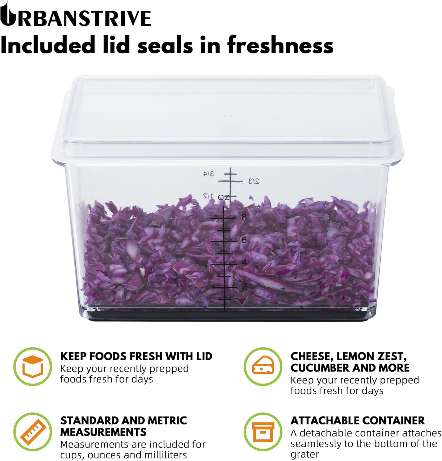 Urbanstrive Cheese Grater - Stainless Steel Box Grater with Container for Easy Shredding | Dishwasher Safe