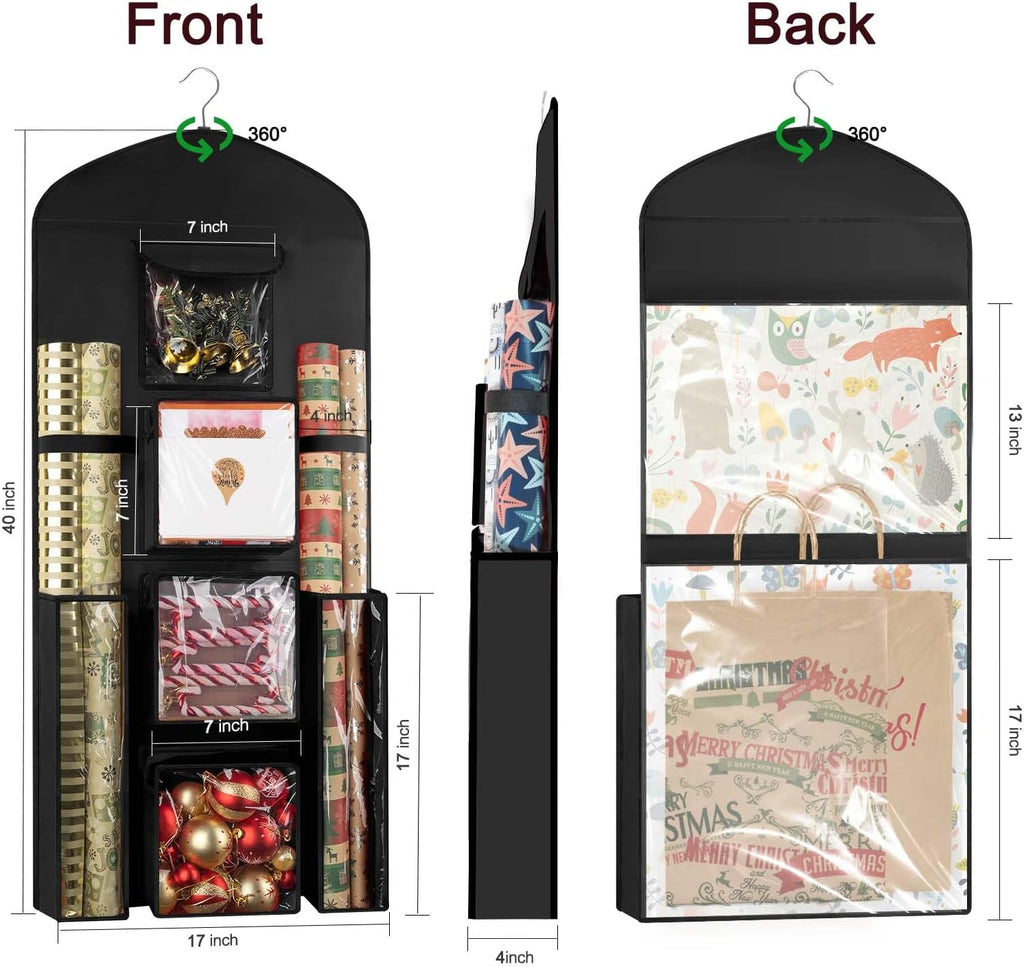 Woodoulogy Gift Wrapping Paper Storage - 40"x17" Black Double-Sided Organizer for Christmas Wrap