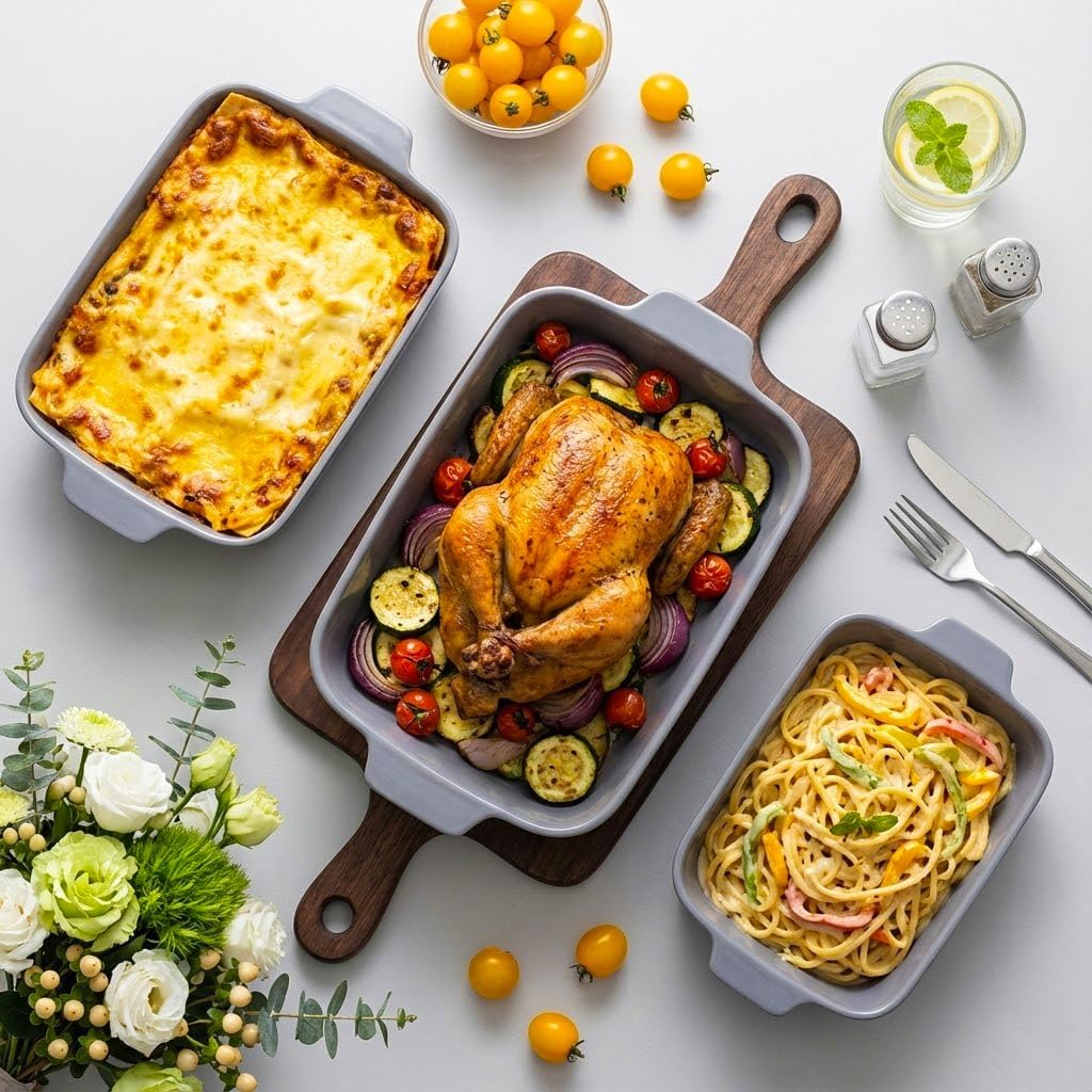 Yachi Ceramic Casserole Dishes - Set of 3 Rectangular Bakeware with Handles | Oven & Microwave Safe Gray (14.8''/12.7''/9.8'')