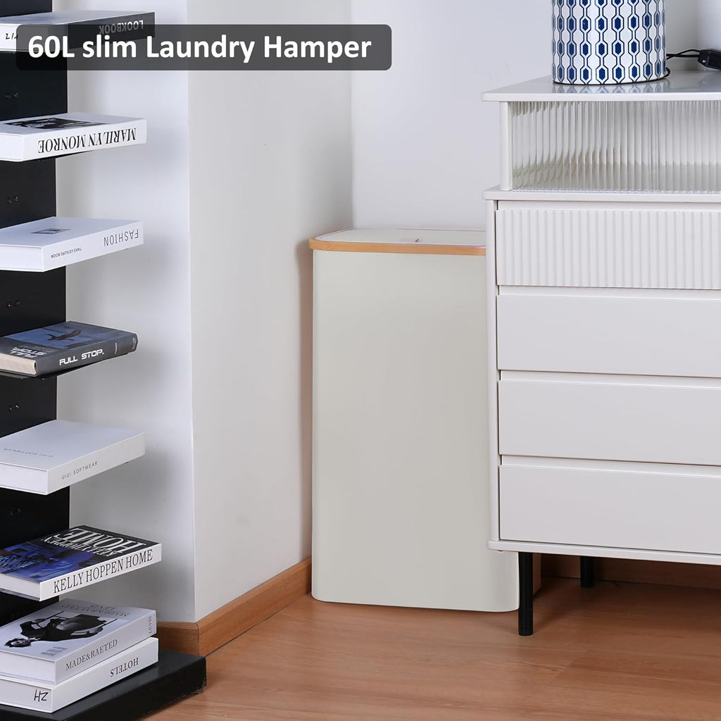 Skiennix Slim Laundry Hamper - 60L Narrow Design with Lid & Bamboo Handle - Beige for Clothes & Toys