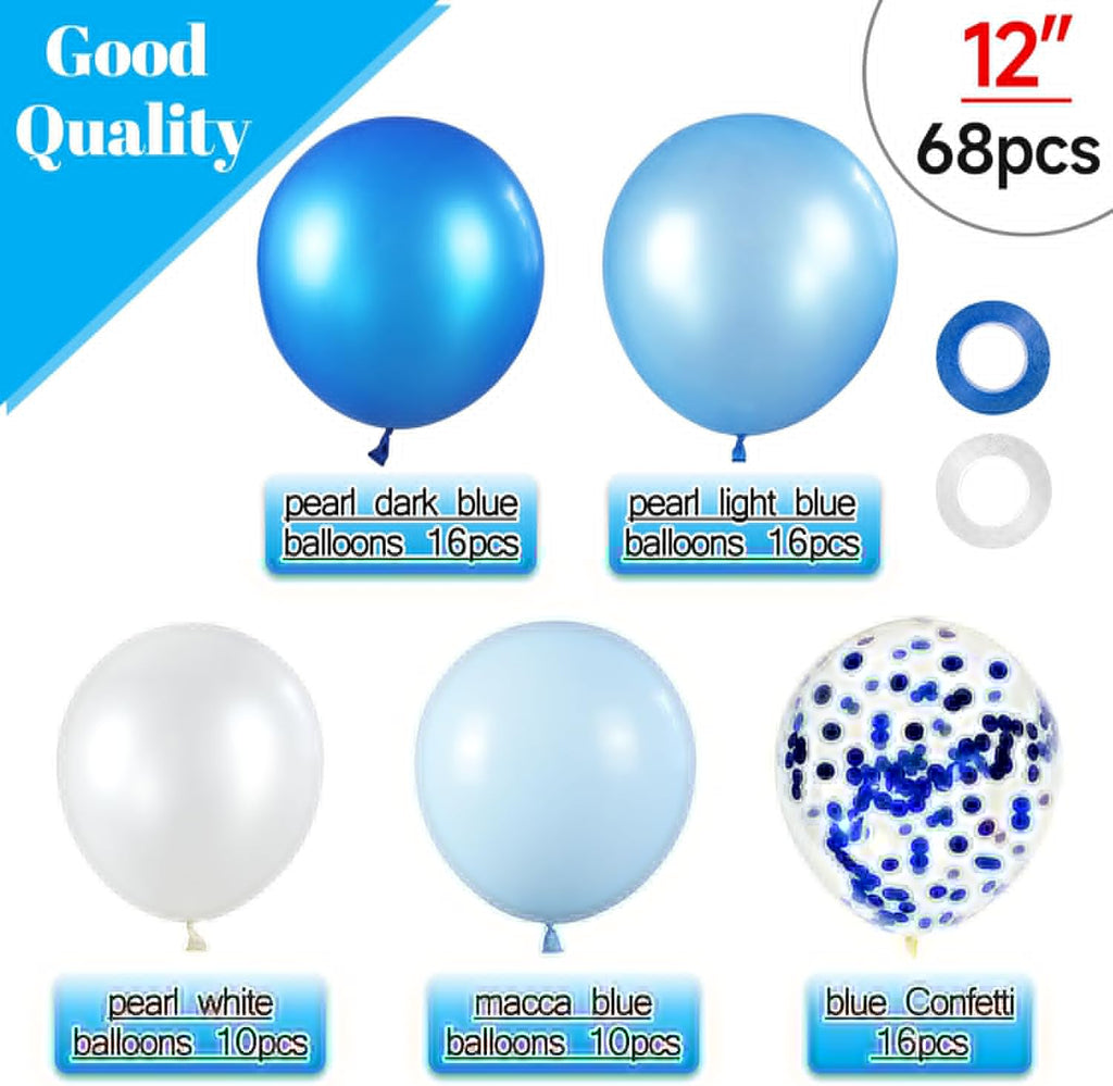 Skiennix 68-Pcs Blue and White Balloon Kit - 12-Inch Confetti Balloons for Birthday, Wedding, Baby Shower Decor