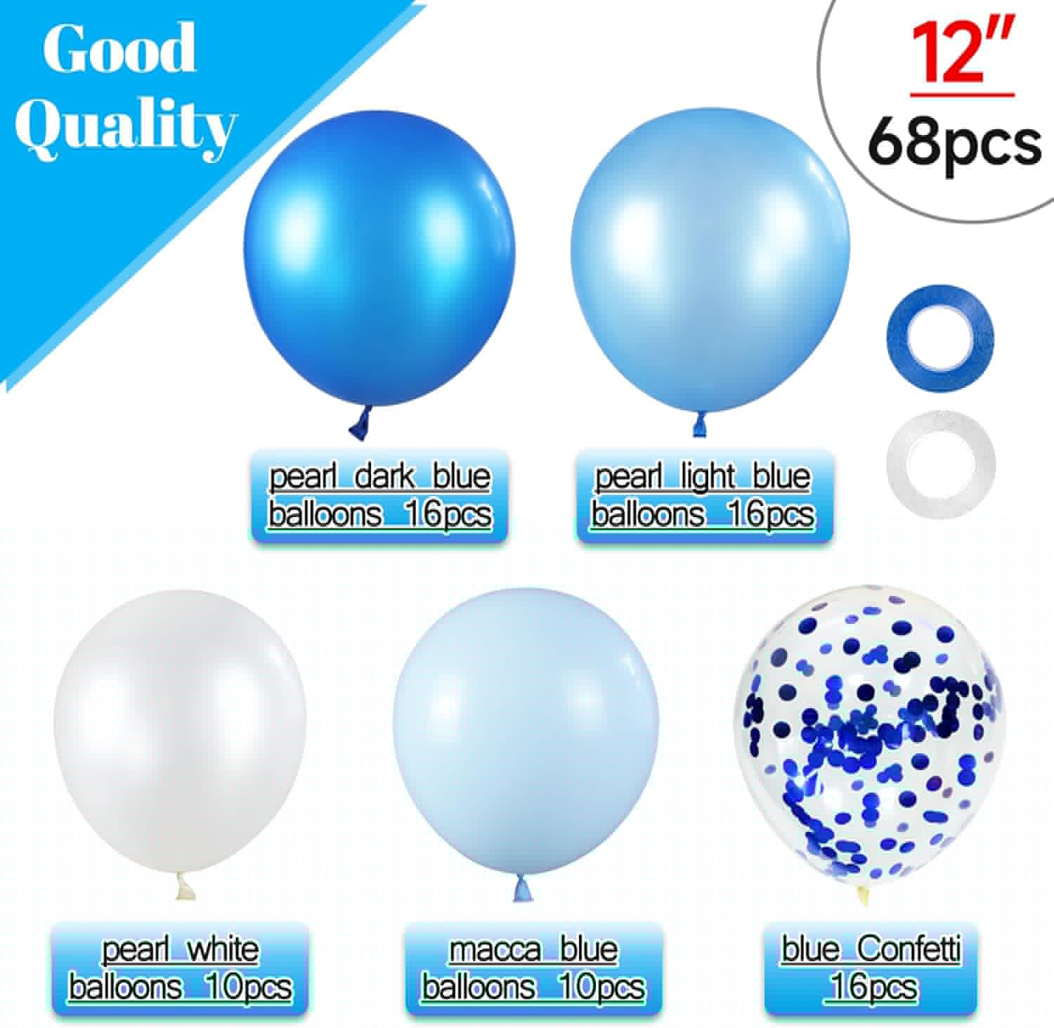 Skiennix 68-Pcs Blue and White Balloon Kit - 12-Inch Confetti Balloons for Birthday, Wedding, Baby Shower Decor