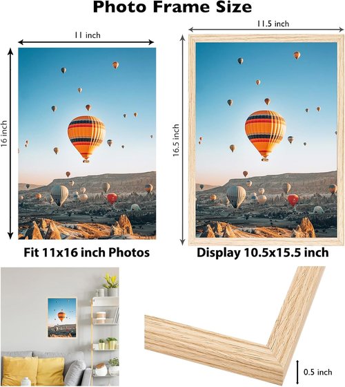 JCJMY 11x16 Picture Frame - Versatile Wall Mounting for Horizontal or Vertical Display | Shatter-Resistant Plexiglass, Natural Finish