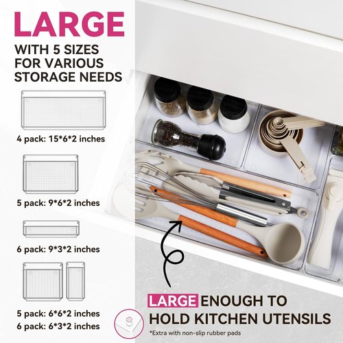 Criusia Drawer Organizer Bins - 26 Pack Clear Plastic Kitchen & Bathroom Organizers | Versatile Utensil & Makeup Storage