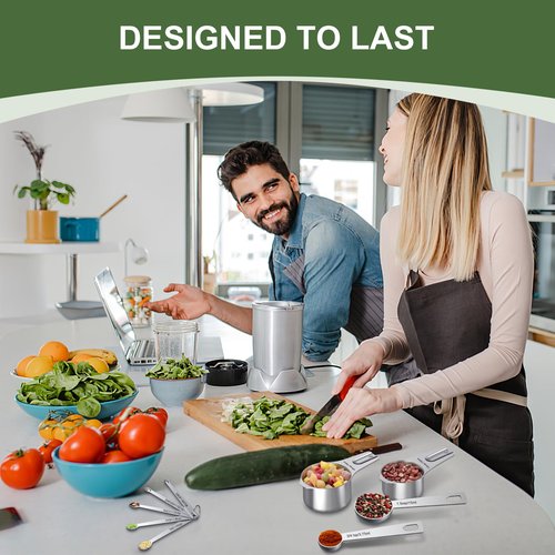 EWFEN Measuring Cups and Spoons Set, 7 Stainless Steel Nesting Measuring Cups & 7 Spoons, 5 Mini Measuring Spoons & 2 Detachable Rings, Kitchen Gadgets for Cooking & Baking, Round