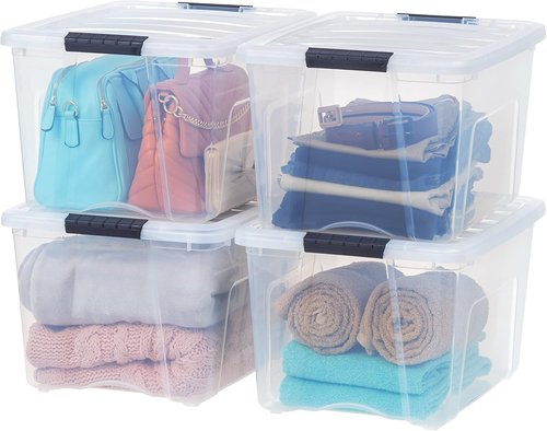 IRIS USA 40 Qt Stackable Plastic Storage Bins - BPA-Free, Durable Nestable Containers, Clear | 4 Pack