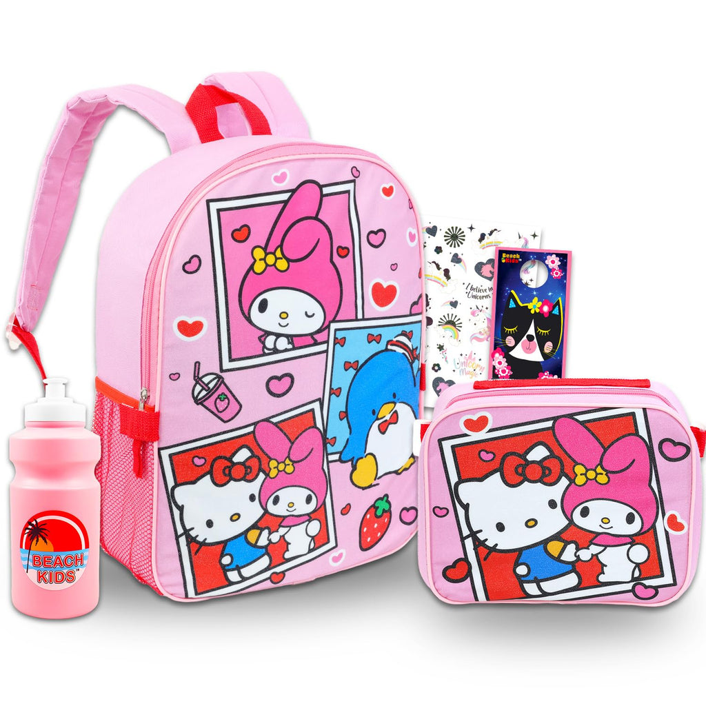 Sanrio Backpack with Lunch Box Set - Bundle of 16" Hello Kitty and Friends, My Melody, Tuxedo Sam Backpack, Lunch Bag, Bottle, Tattoos, More