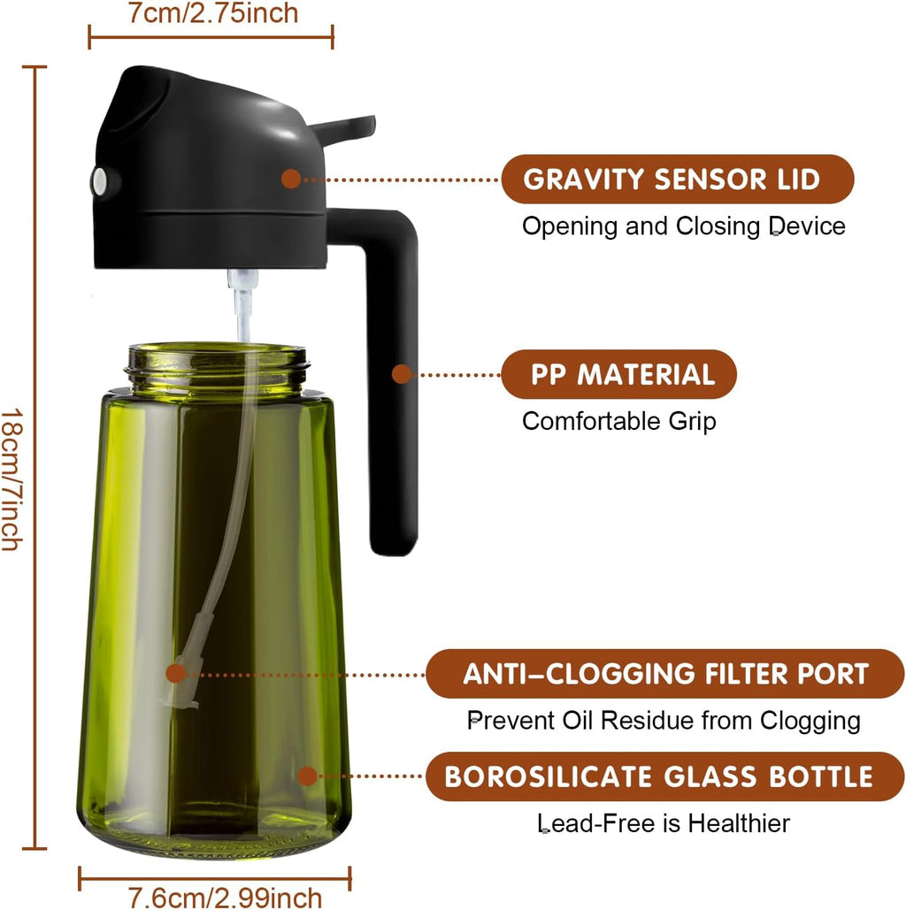YARRAMATE Dark Green Glass Oil Sprayer - 16oz Light-Blocking 2-in-1 Olive Oil Dispenser for Cooking & BBQ