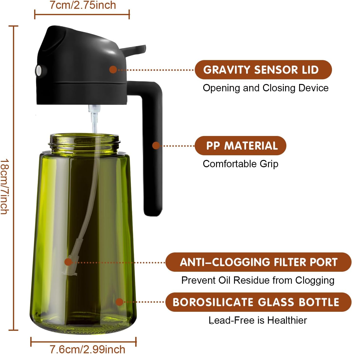 YARRAMATE Dark Green Glass Oil Sprayer - 16oz Light-Blocking 2-in-1 Olive Oil Dispenser for Cooking & BBQ
