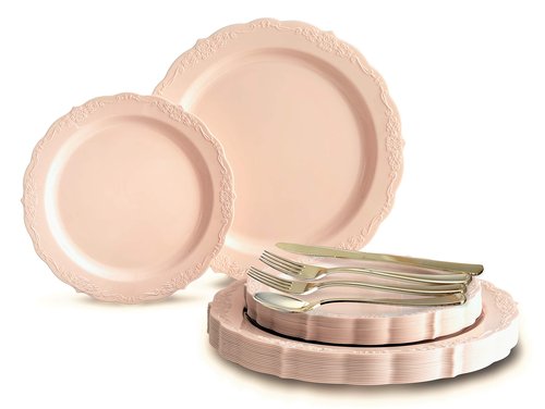 " OCCASIONS " 150 Piece set (25 Guests)-Vintage Wedding Plastic Plates & cutlery -Disposable Dinnerware 10'', 7.5'' + Silverware w/double fork (Verona in Blush/Antique Rose