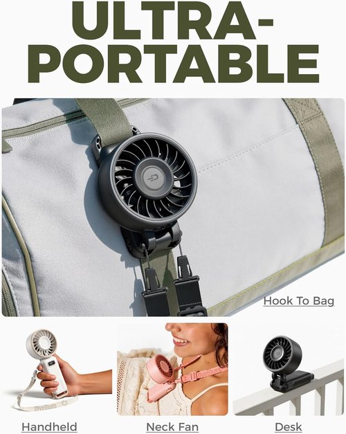 Diveblues Portable Turbo Fan - 100 Speed Handheld Fan with Strong Airflow | Foldable 4-in-1 Design for Neck, Desk & Travel