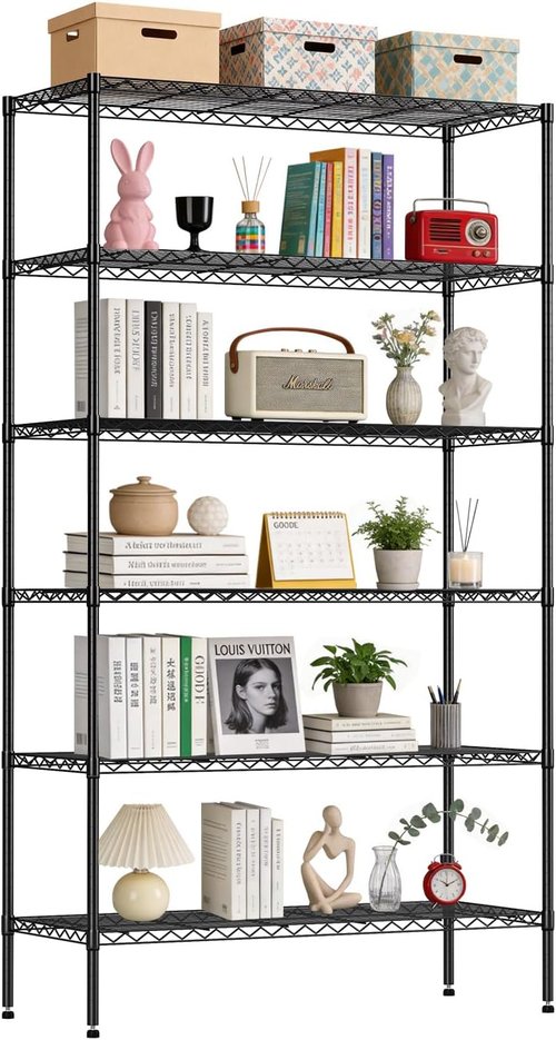 BestOffice 6-Tier Wire Storage Shelves - Heavy-Duty Metal with Wheels | Adjustable, No-Tool Assembly | 18x45x82 | Black, Holds Up to 2100 lbs