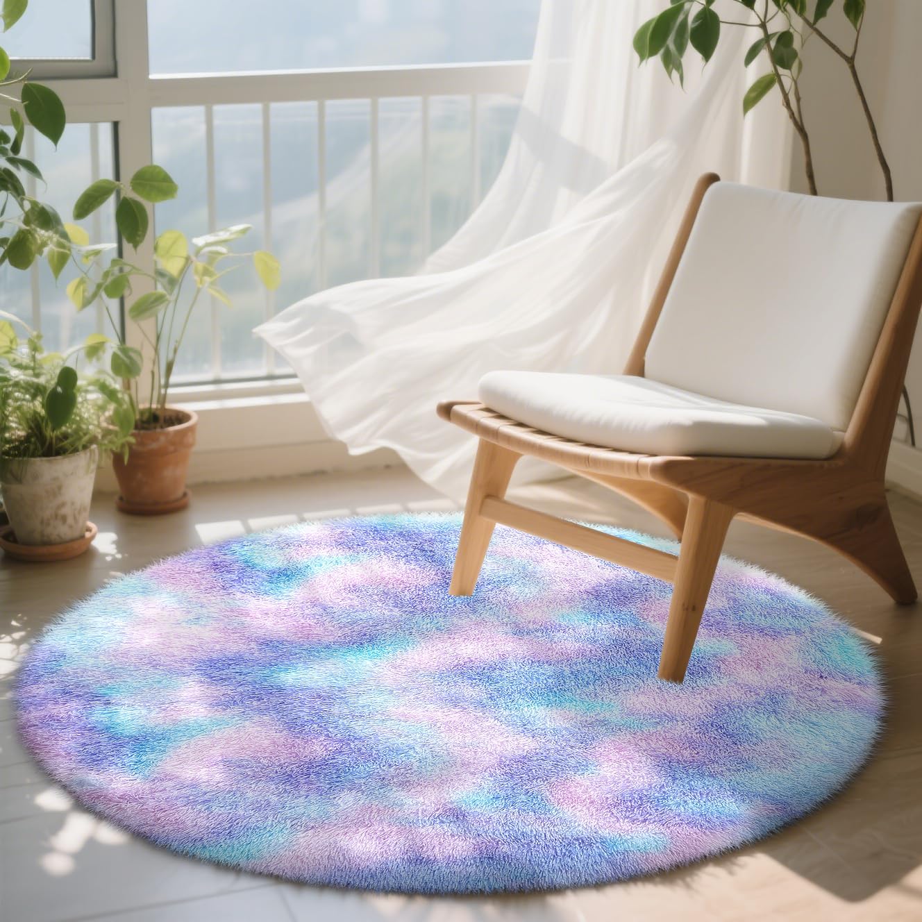 OLANLY Round Purple Rainbow Rug - Soft, Fluffy Shaggy Carpet for Bedroom | 4x4 Feet Machine Washable Area Rug