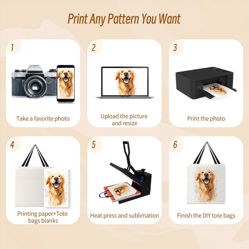 6pcs Sublimation Canvas Tote Bags - Blank Bulk Grocery Bags for Customization - White
