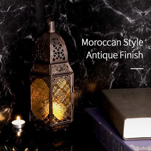 Lewondr Metal Glass Ramadan Candle Lantern - Moroccan Style Portable Hanging Lamp for Home & Garden - Copper & Yellow
