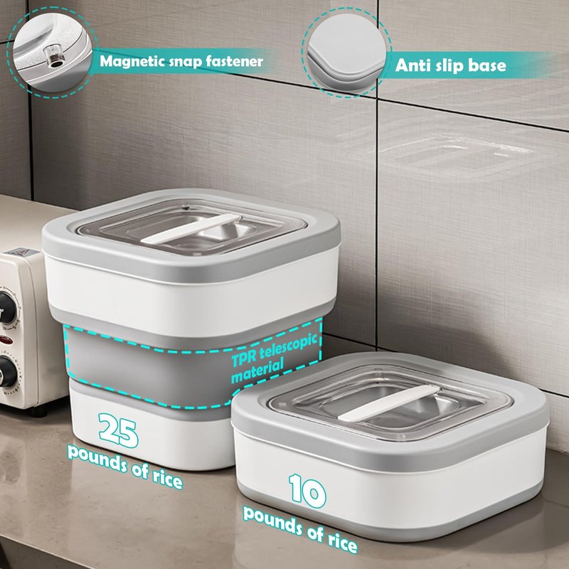 JforSJizT Collapsible Airtight Rice Storage Container,Holds 11-27.5 Lbs,with Magnetic Locking Lid Rice Dispenser Bin,with Measuring Cup,Food Storage for Flour Cereal Pasta Grain Corn Wheat