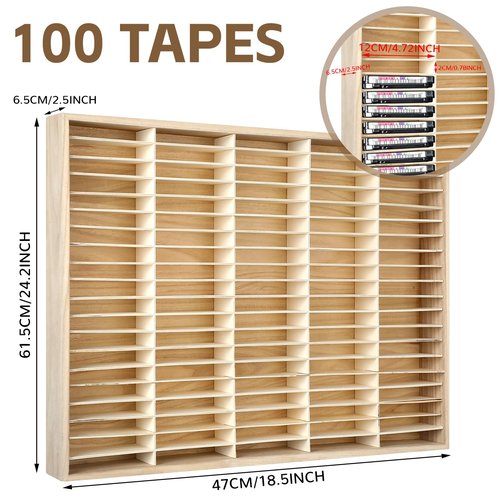 Marsui 100 Slot Cassette Tape Storage Holder Wooden Audio Tape Organizer Cassette Tape Rack for Cassette Collections Audio Accessory