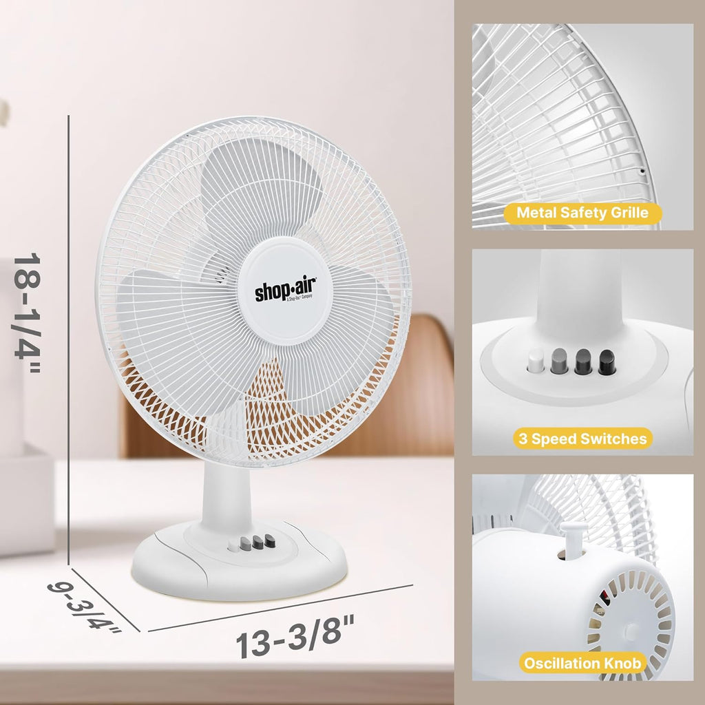 Shop-Air 12" Oscillating Table Fan - High-Velocity, Quiet Air Circulation | 3 Speeds & 70° Adjustable Tilt, White