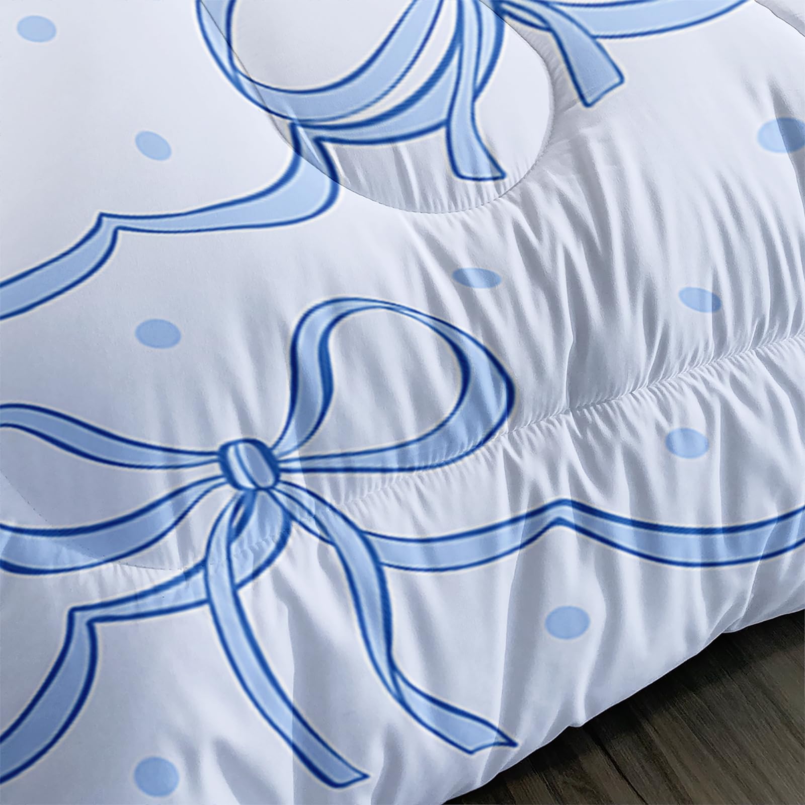 QOOMO 3Pcs Bow Comforter Set Full,Blue Bow Bedding Set for Teens Boys Girls,Blue Bow Dots Printed Comforter with 2 Pillowcases,Down Alternative,Soft and Lightweight