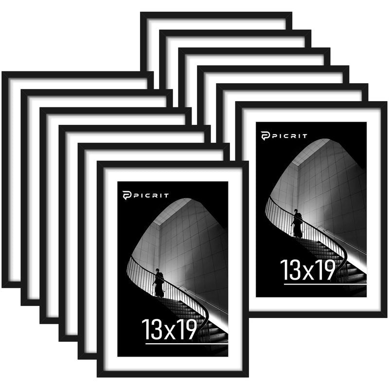 Picrit 13x19 Poster Frame Set of 12, Display Pictures 11 x 17 with Mat or 13 x 19 without Mat, Black Wall Gallery Photo Frames Display for Home Decor