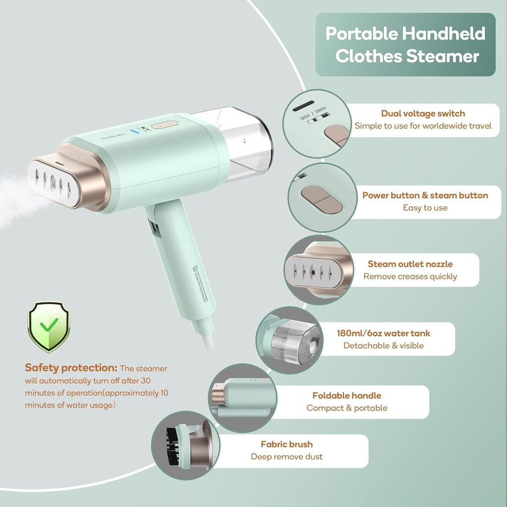 Newbealer Travel Steamer for Clothes - Dual Voltage 100-240V, 1200W, Quick 20s Heat-Up, Foldable, 180ml (Green)