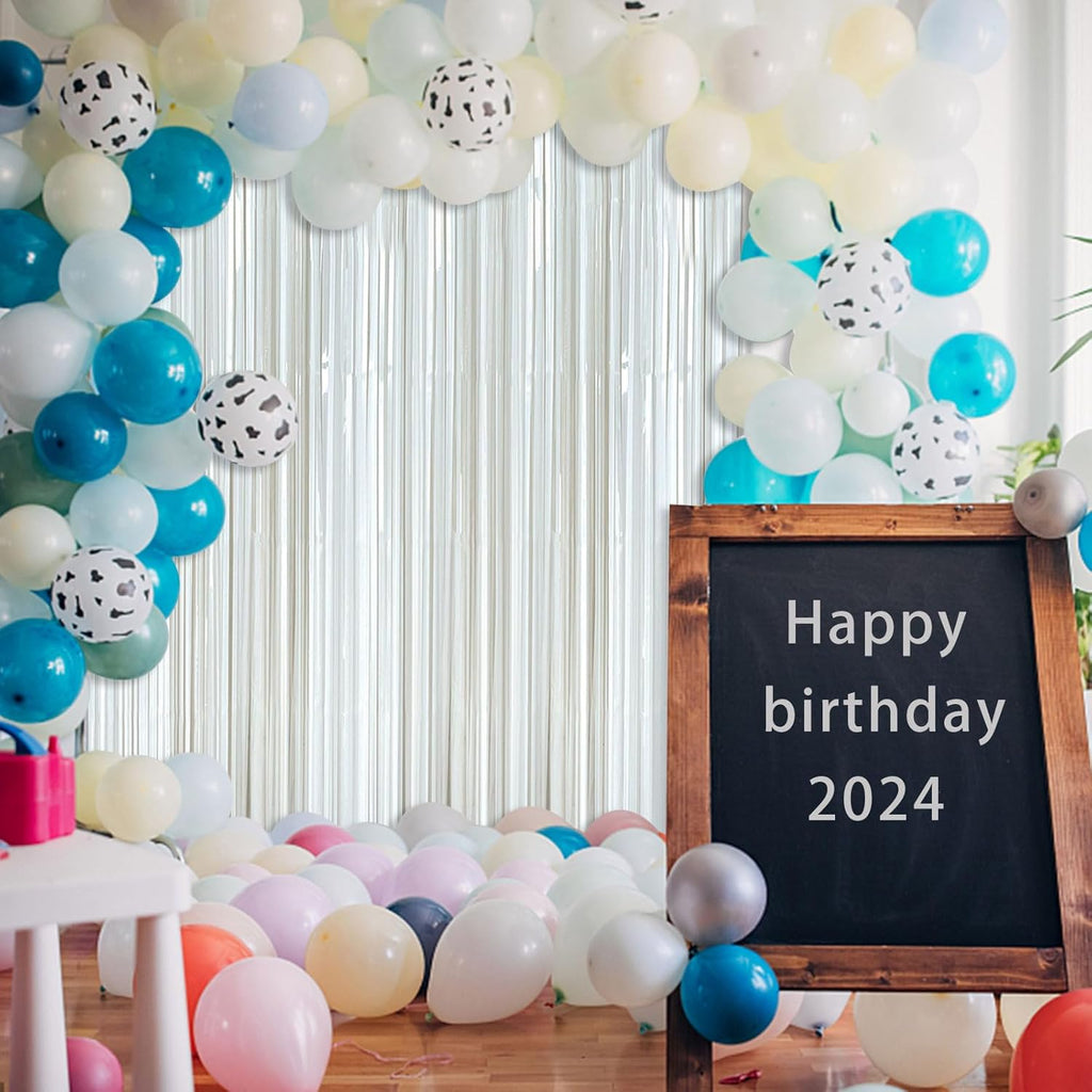 Skiennix White Foil Fringe Backdrop Curtains - Tinsel Streamers for Birthday & Graduation Decor