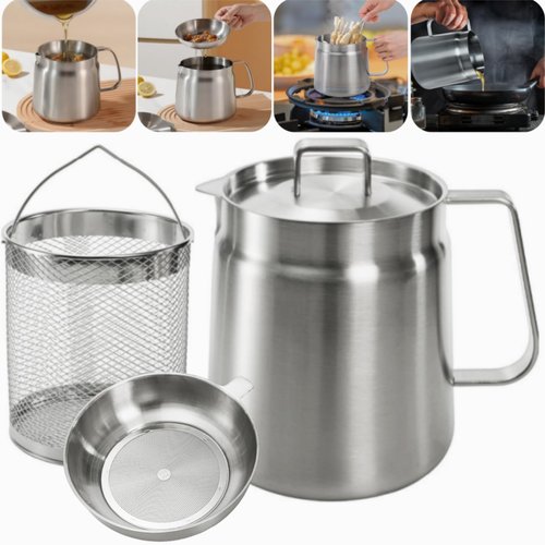 ZAVOOS 304 Stainless Steel Oil Filter Pot, 68 Oz Bacon Grease Container Saver with Oil Strainer, 2 in 1 Large Capacity Versatile Oil Filter Vessel with Deep Fry Basket for Kitchen Camping