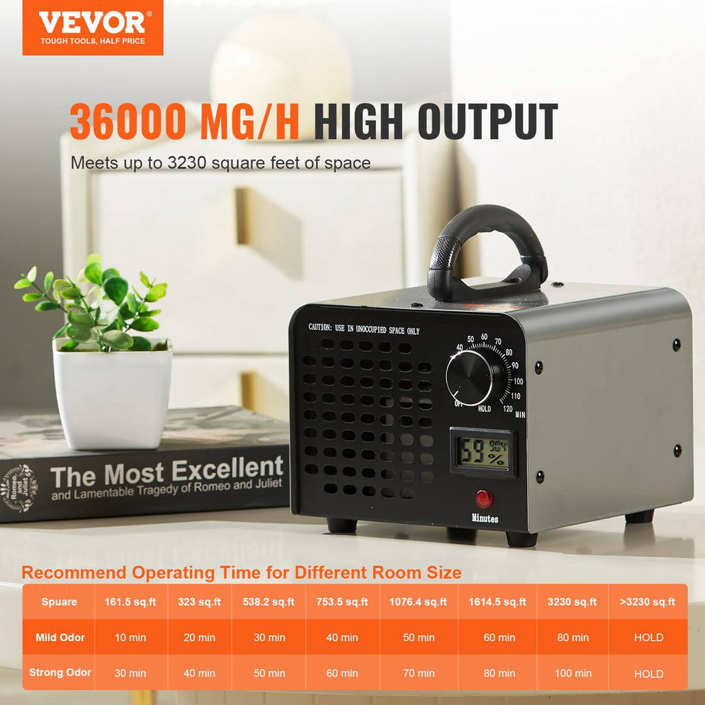 VEVOR Ozone Generator, 36000mg/h Ozone Machine, High Capacity Commercial/Industrial Ozone Generator Machine with 0-120 min Time Setting for Rooms, Cars