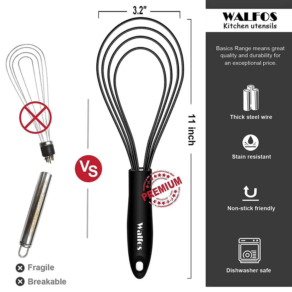 Walfos Silicone Flat Whisk,11inch Flat Whisk Non Scratch Coated Flat Whisks for Cooking.Great for Ceramic Coated pans and Wider shallower pots.Black