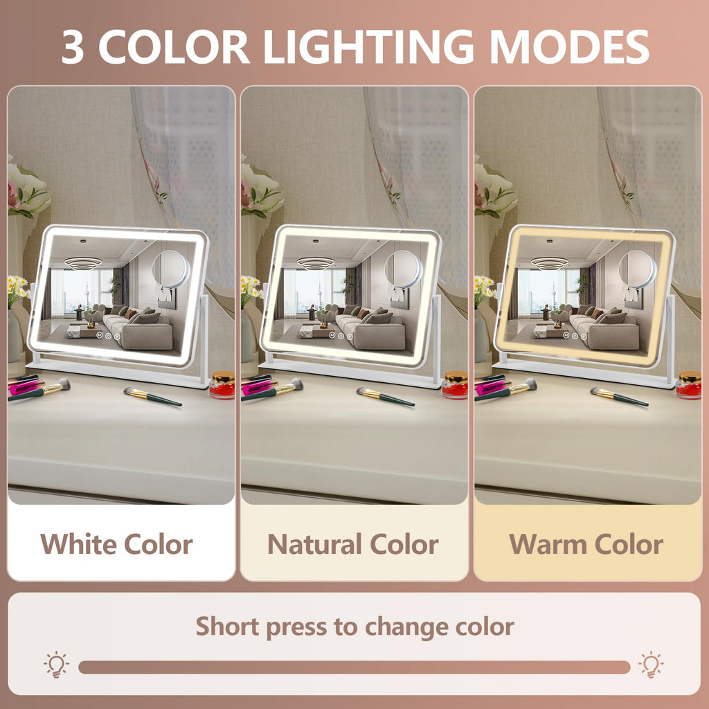 ViKert Vanity Mirror with Lights, 5X Magnification Spot Mirror, Makeup Mirror with Dimmable 3 Color Lighting, 17.3"L x 14.2"W