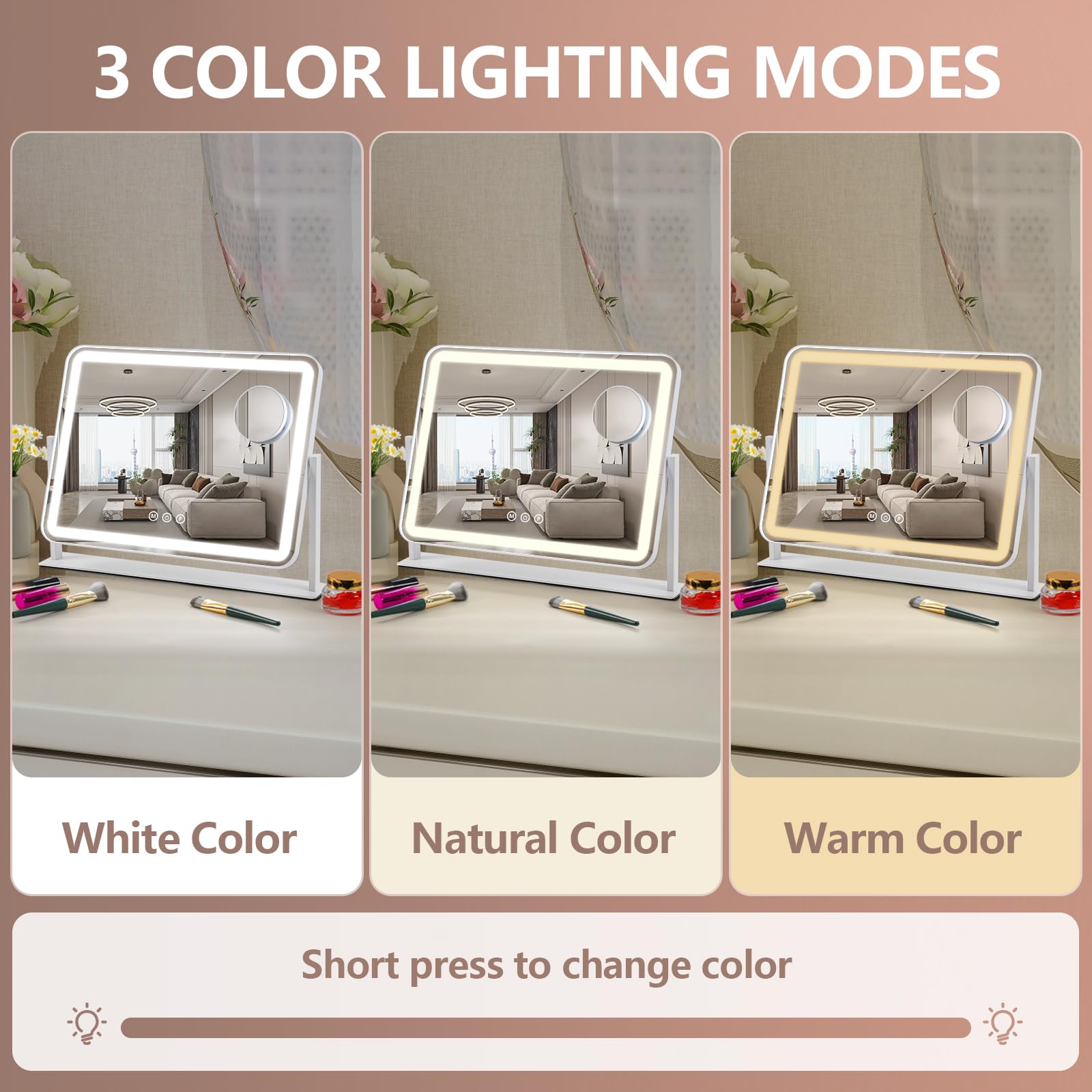 ViKert Vanity Mirror with Lights, 5X Magnification Spot Mirror, Makeup Mirror with Dimmable 3 Color Lighting, 17.3"L x 14.2"W