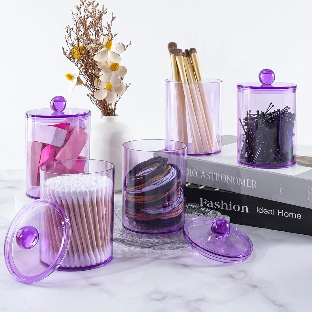 XIPENGKEJI Qtip Holder Set - 6 Pack Apothecary Jars with Lids for Bathroom Organization | 10oz-12oz Purple