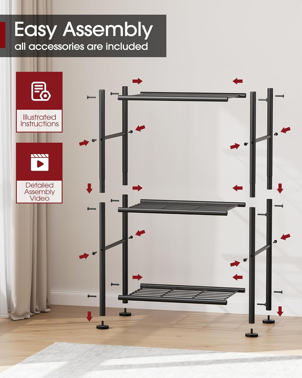 Sakugi Storage Shelves - Sturdy 3-Tier Metal Organizer with Adjustable Feet | Space-Saving for Pantry, Laundry, Kitchen (18" x 12" x 30", Black)