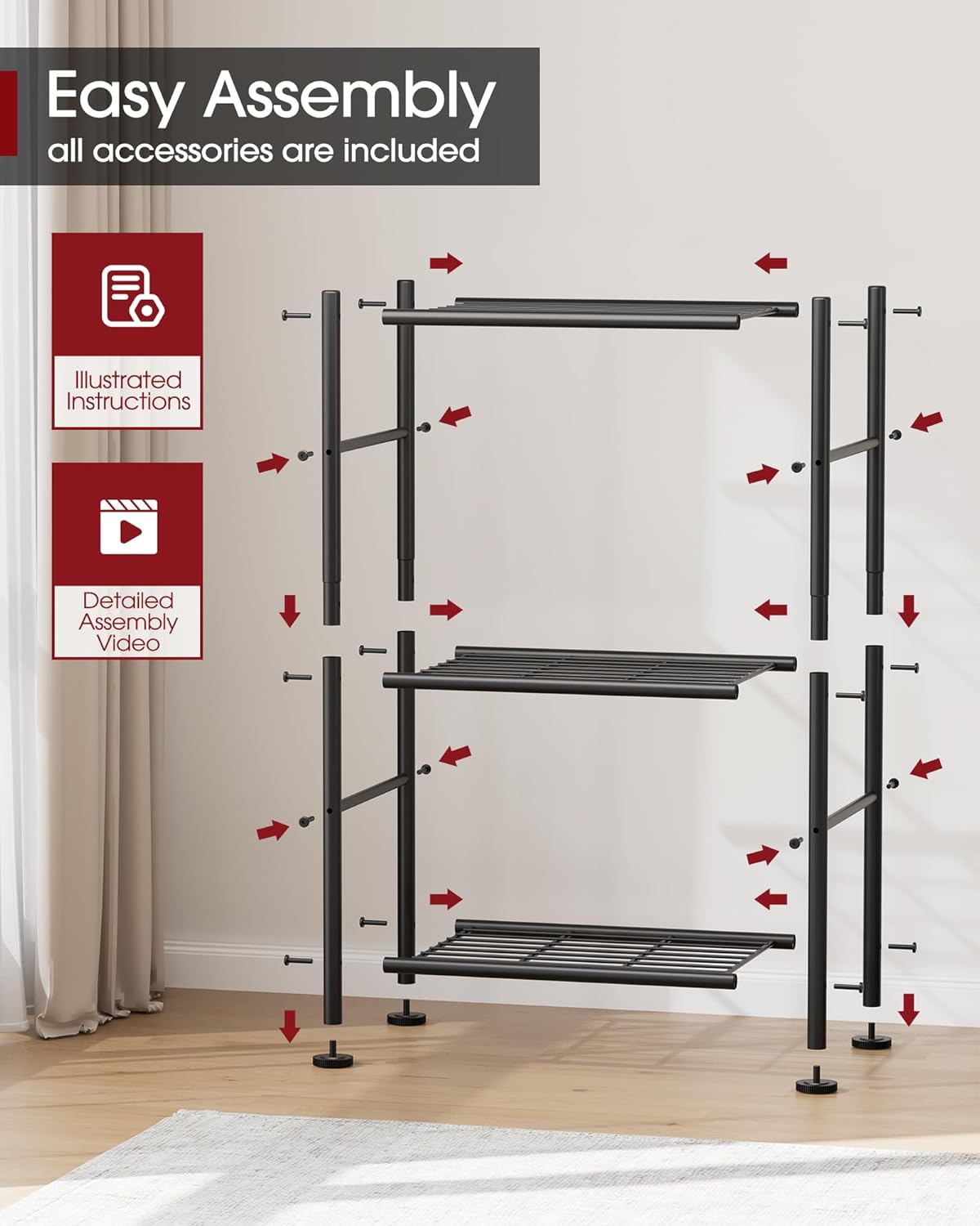 Sakugi Storage Shelves - Sturdy 3-Tier Metal Organizer with Adjustable Feet | Space-Saving for Pantry, Laundry, Kitchen (18" x 12" x 30", Black)