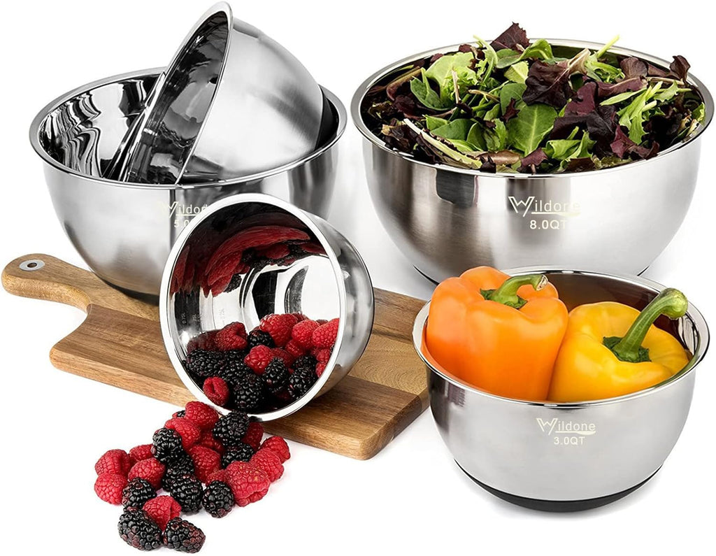 Wildone Mixing Bowls - Stainless Steel Nesting Set of 5 with Airtight Lids & Non-Slip Bottoms | 1.5-8 QT