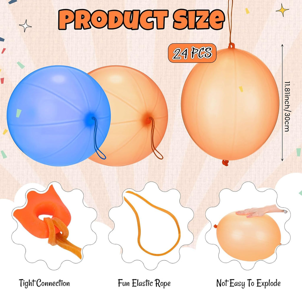 Soulchen Punch Balloons - 24 Pcs Blue & Orange Party Favors for Kids' Birthday Celebrations | Thickened Design with Rubber Band Handle
