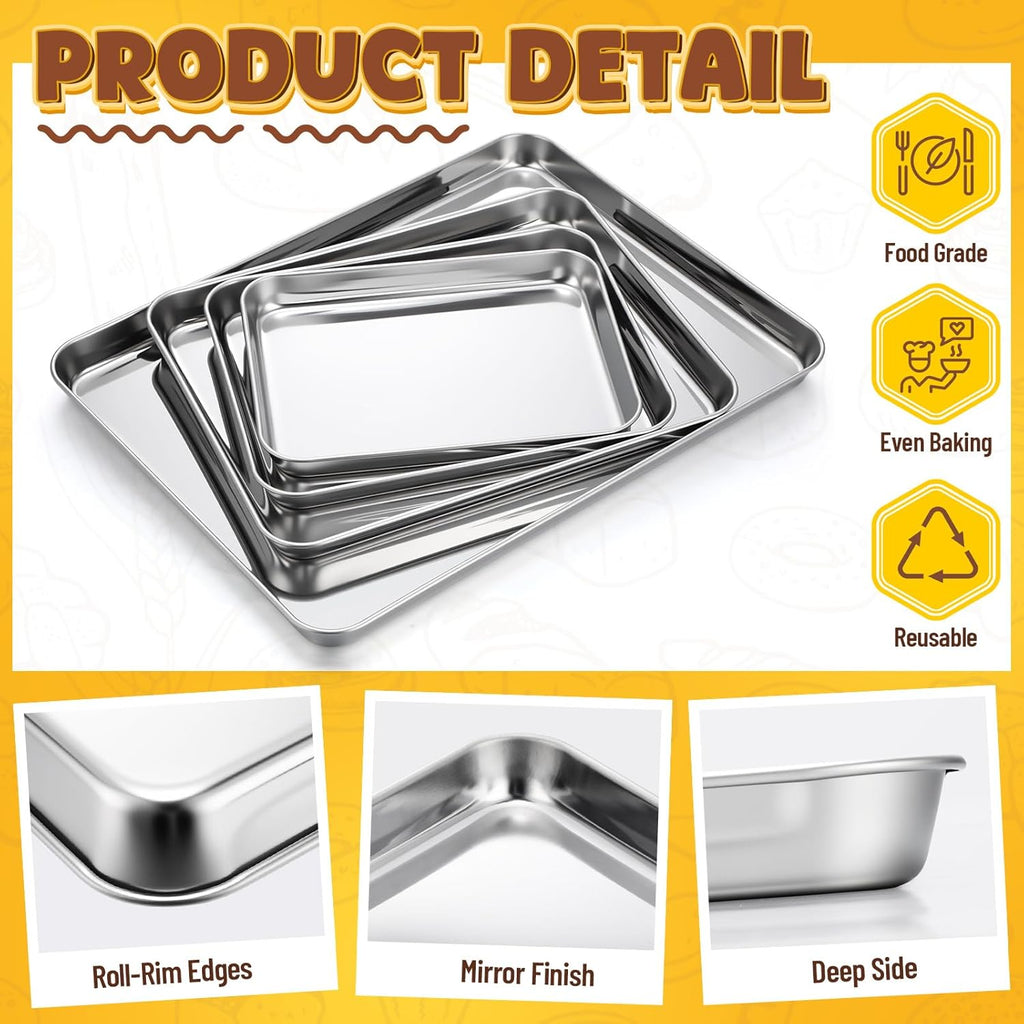 Skiennix Stainless Steel Baking Pans Set - 4 Pack Commercial Grade Cookie Sheets | Heavy Duty Non-Stick, 9/10/12/16 Inch