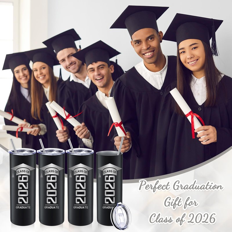 Patelai 4 Pcs Graduation Gift Bulk Class of 2026 Tumbler Cups 20oz Water Bottle with Lid Straw Brush Congrats Grad Graduate Gift for Him Her Grad Party Favor(Balck)