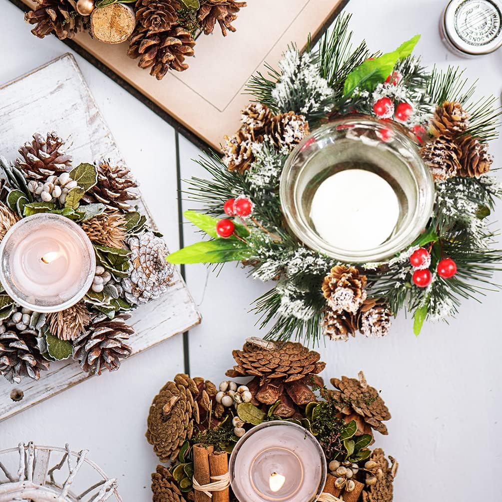 Regine Switzerland Christmas Candle Rings - Artificial Red Berries & Pinecones Decor | Set of 4, Red