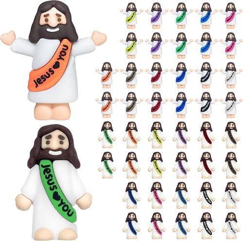 Keway Mini Jesus Figures - 44 PCS Rubber Pocket Figurines for Easter, Baptism & Party Favors | 11 Colors, 2 Styles