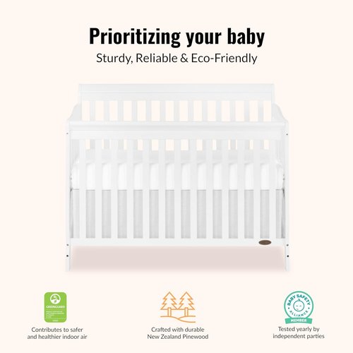 Dream On Me Ashton 4-in-1 Convertible Baby Crib - Full-Size, Sustainable Pinewood, White Finish