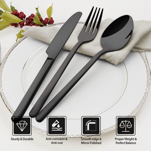 KINGSTONE 20-Piece Black Silverware Set - Premium 18/10 Stainless Steel Cutlery for Home & Restaurant