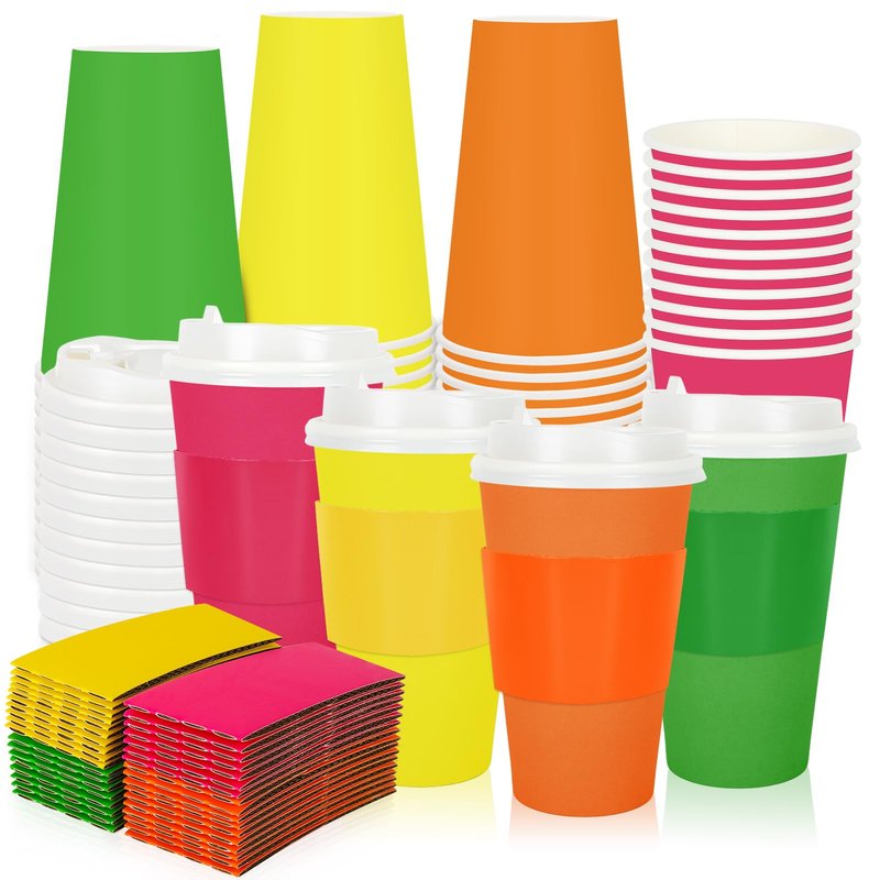 Whaline 100Pcs Neon Color Disposable Coffee Cups with Lids and Sleeves Fluorescent Paper Cups 4 Colors Drinking Cup for Home Restaurant Party Supplies
