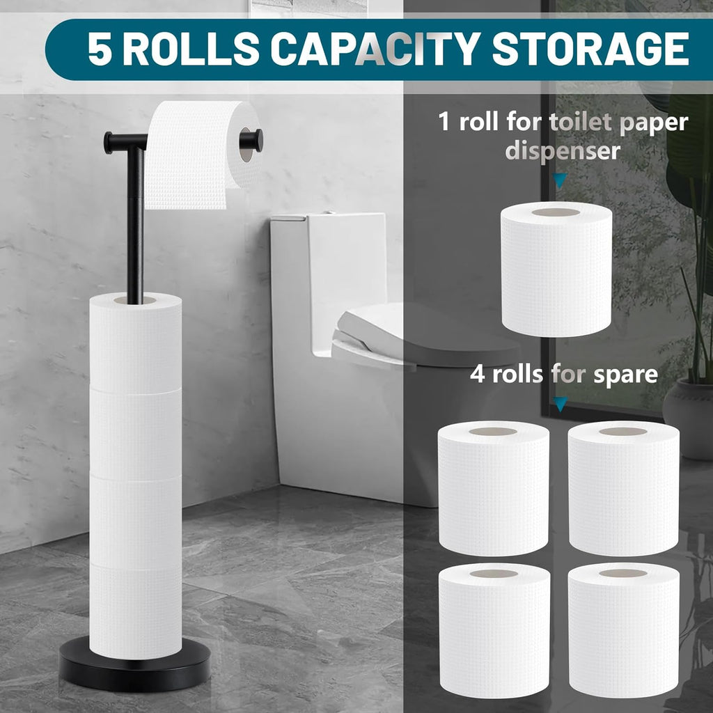 Skiennix Toilet Paper Holder Stand - Rustproof Free-Standing Design with Stable Weighted Base | Black Finish