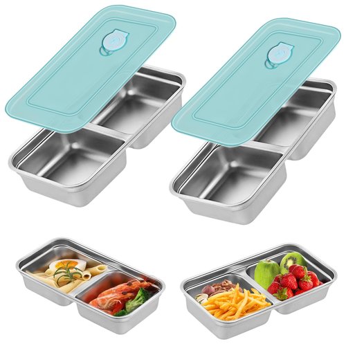2 Pack Stainless Steel Snack Containers, Reusable Grab and Go Snack Containers with Leakproof Lids, 2 Compartment Food Lunch Meal Container Prep for Travel, Outdoor Camping(Dishwasher Safe)