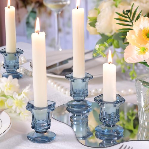 Blue Candlestick Holders - 12 Pcs Glass Candle Holders Set | Crystal Taper Candle Holders for Weddings & Home Decor